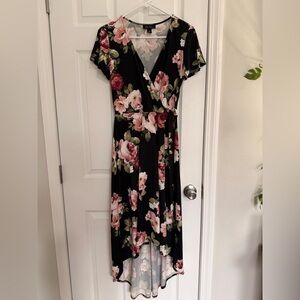 BCX Floral High Low Dress in Black and Pink